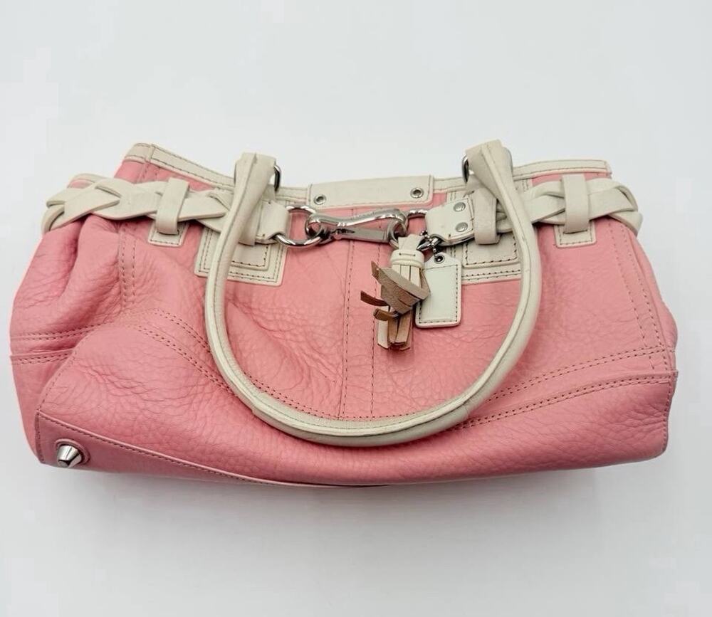 COACH F13084 Pink Ivory Pebbled Leather Satchel Handbag Braided Trim Y2K